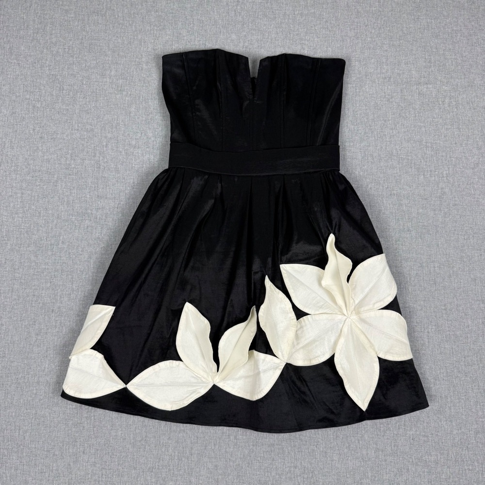 Vintage Y2K Jessica McClintock Strapless Dress Black White 3D Floral Size 2